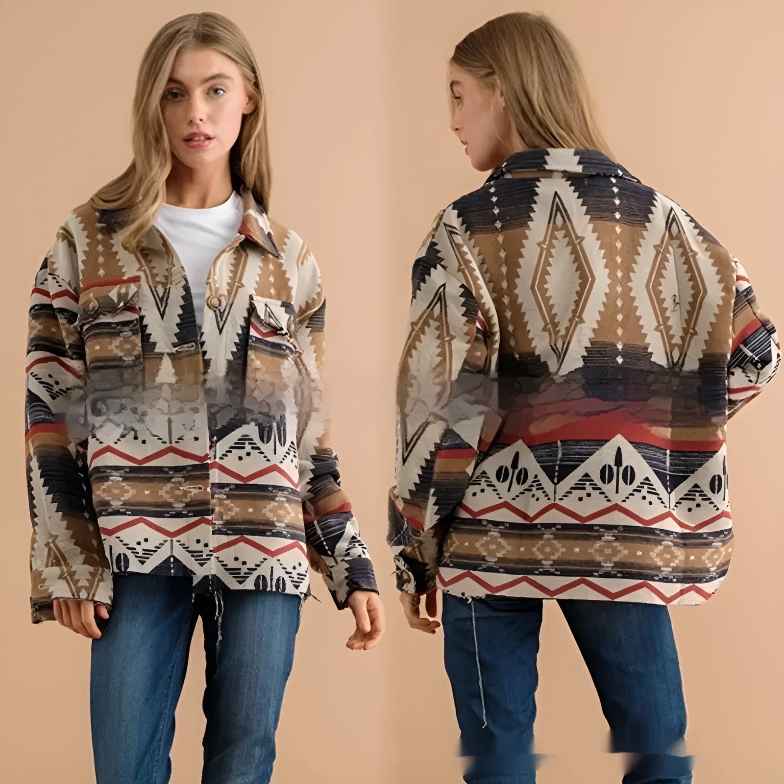 Women's loose fit retro jacket with Aztec print in woolen fabric, shown in army green.