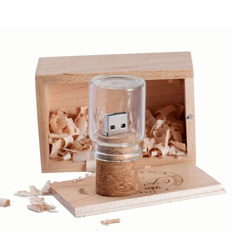 Personalised wooden USB flash drive with custom driftwood bottle storage disk design in chocolate brown
