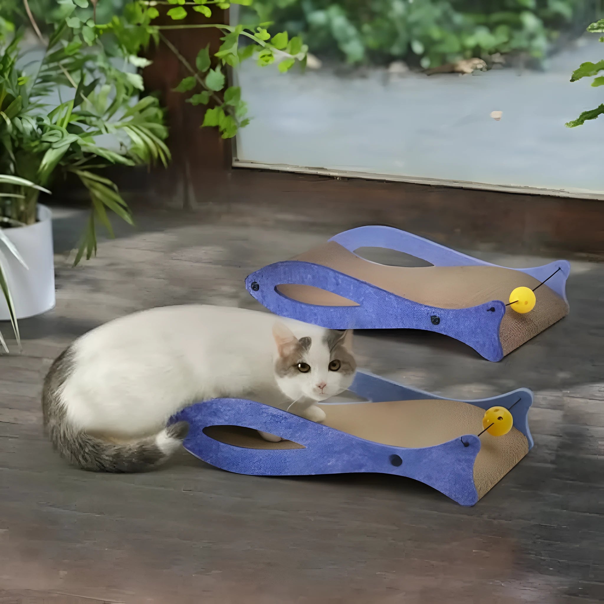 Blue fish-shaped cat scratcher lounge made of corrugated cardboard with attached ball toy