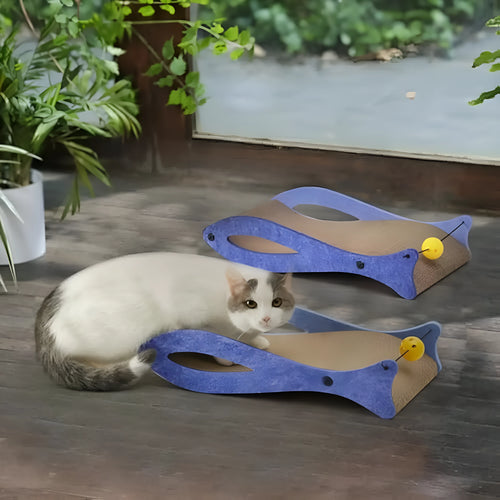 Blue fish-shaped cat scratcher lounge made of corrugated cardboard with attached ball toy