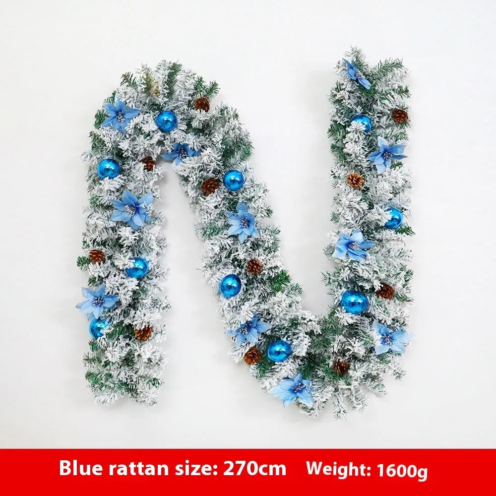 240cm long artificial rattan Christmas garland with flocked decoration in one of five colour options