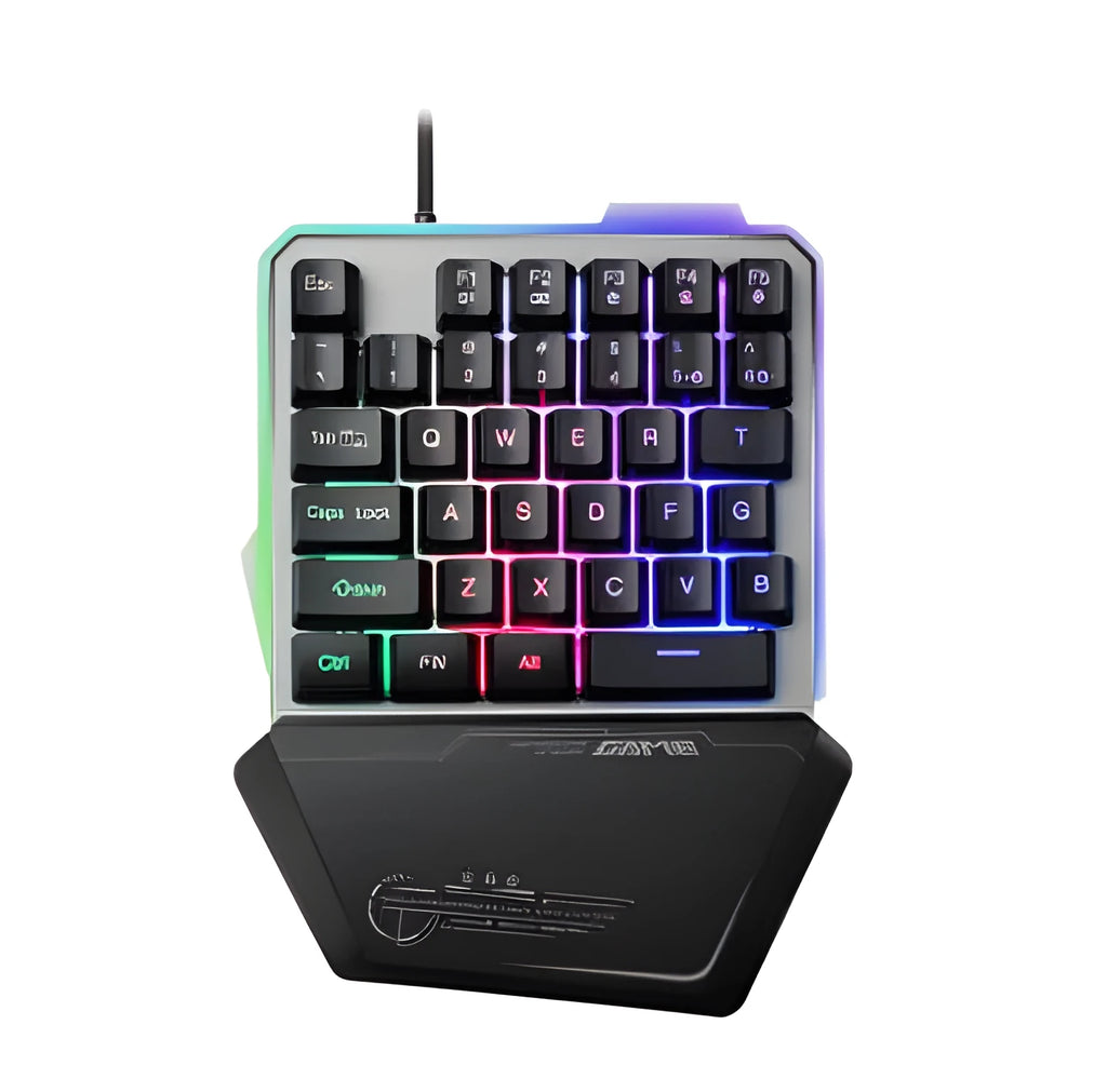 Black robotic one-handed gaming keyboard with RGB backlit keys and USB cable