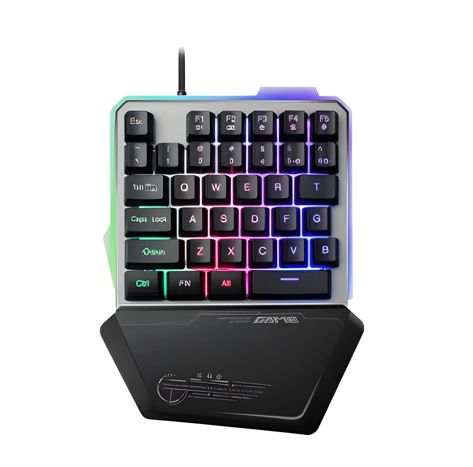 Black robotic one-handed gaming keyboard with RGB backlit keys and USB cable