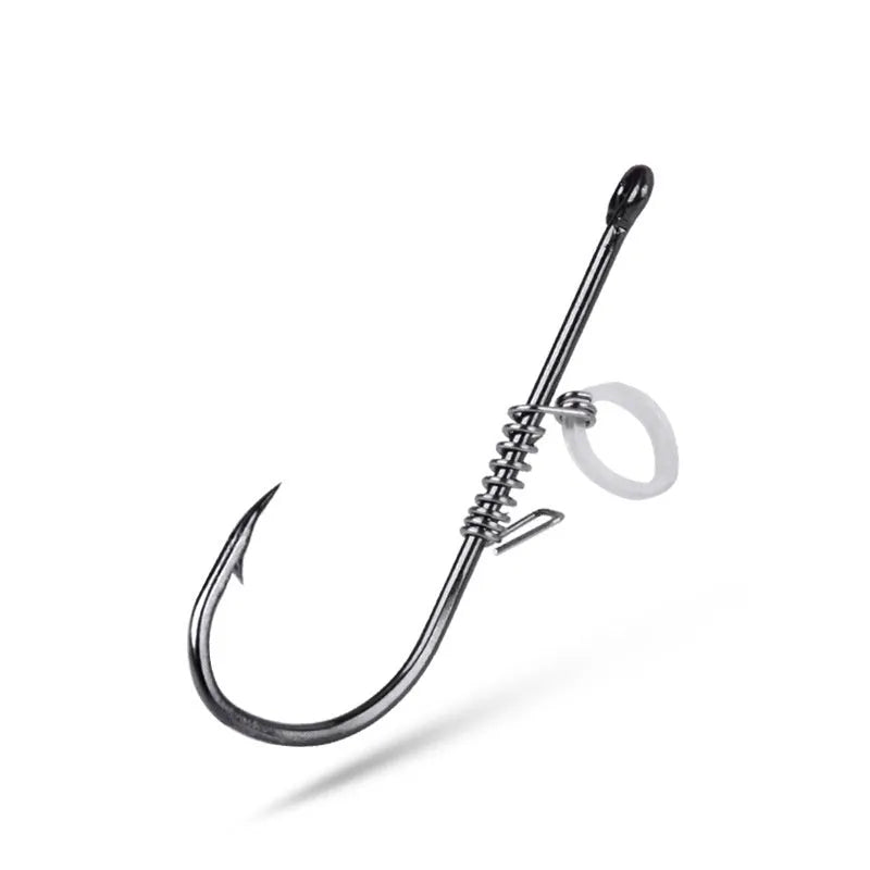 Spring rubber band sea fishing lure for live shrimp with barbed hook, sizes 2/0 to 5/0, pack or box of 4 or 10 pieces.