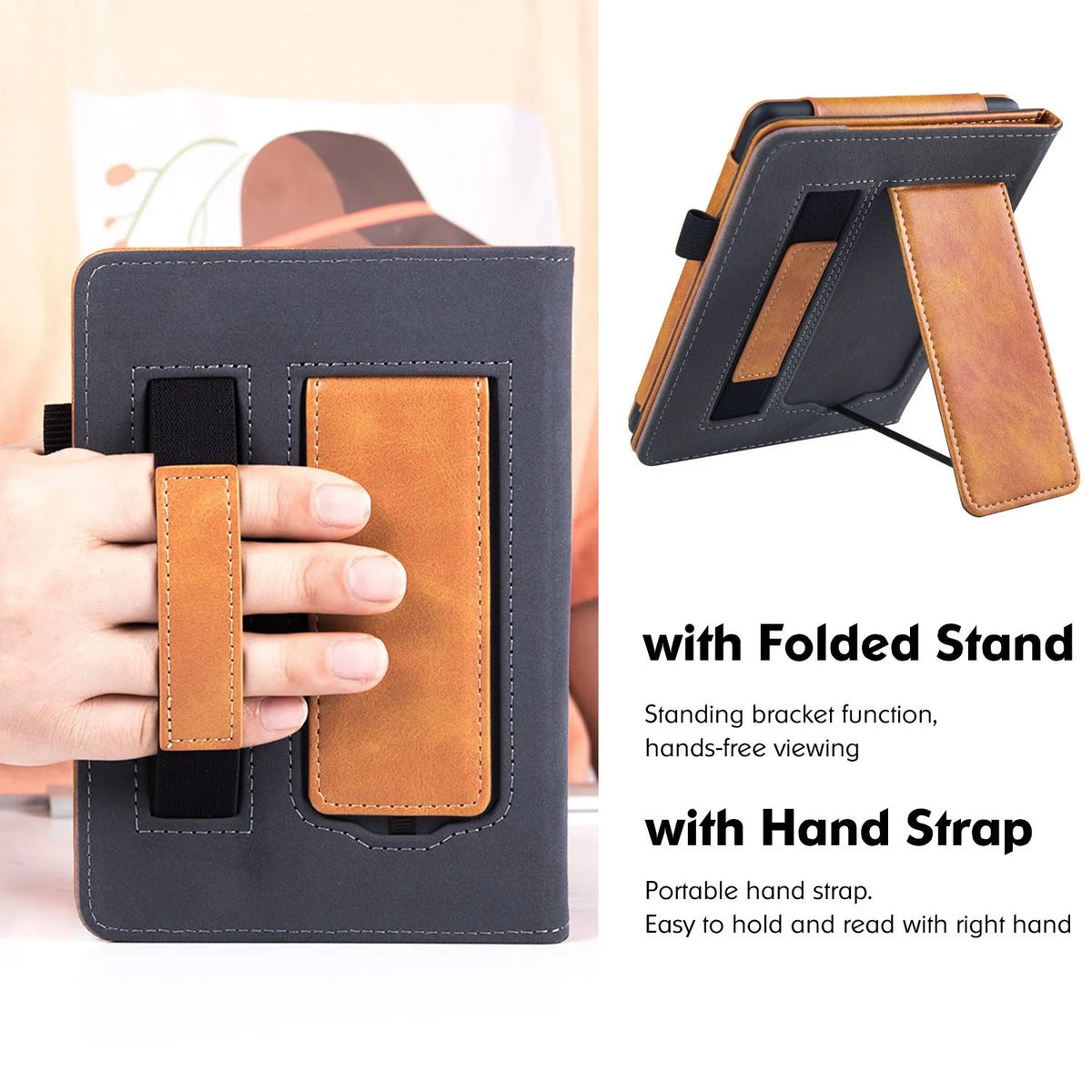Kindle Paperwhite 11 leather protective case with integrated wrist splint bracket, shown in a selection of colour options.