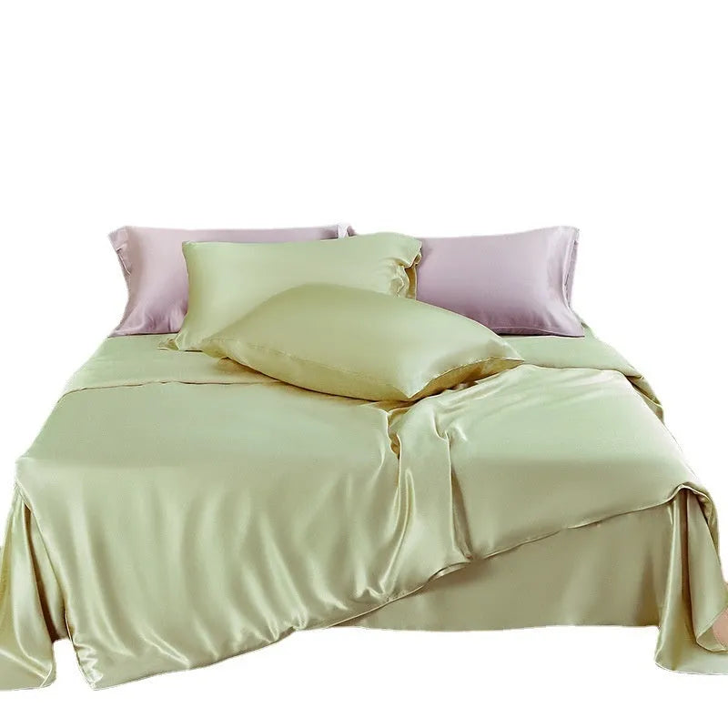 Solid colour silk duvet cover laid flat, showing double-sided plain weave fabric in one of six available colours.