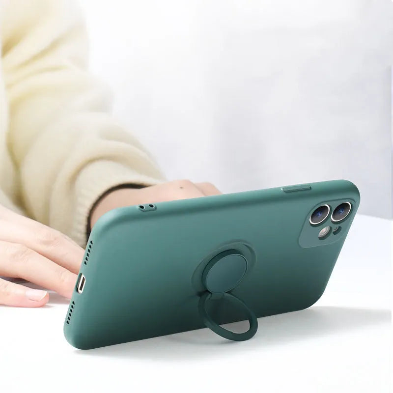 Liquid silicone iPhone 12 case with a ring bracket stand, shown in green colour.