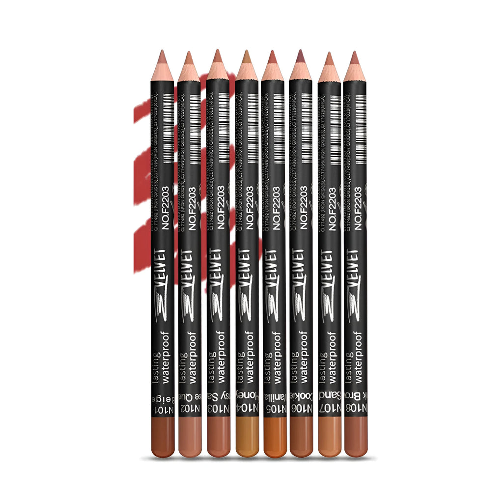 Matte finish lip liner pencil in wood-inspired shades with 24-hour wear and cup transfer resistance claims