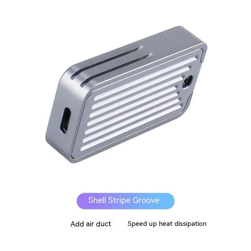 Aluminium alloy M.2 NVMe and SATA external SSD enclosure with USB-C port, measuring 5.2cm by 2.8cm.