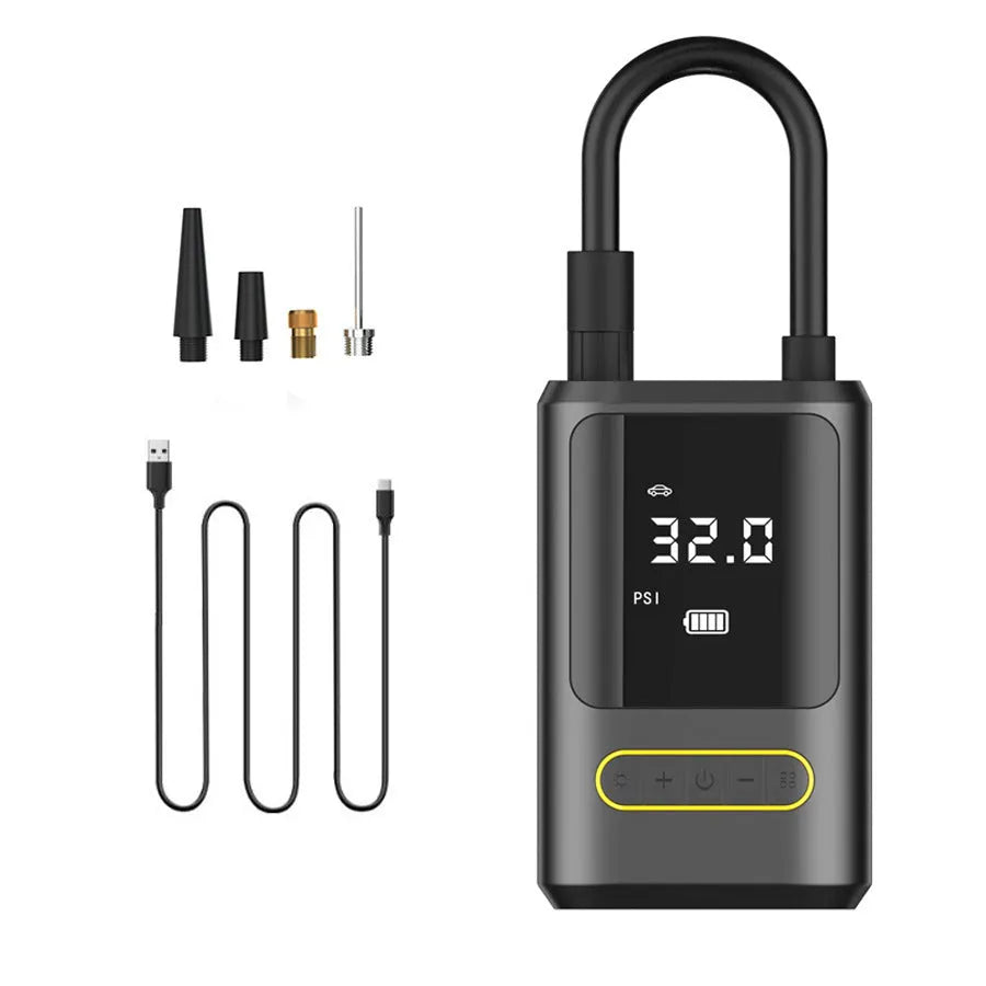 Handheld wireless digital display car air pump with LED light, hose, and multiple nozzles on black background