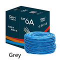 Blue and grey 305 metre reels of Cat6A oxygen-free copper network cable for 10G Ethernet installations.