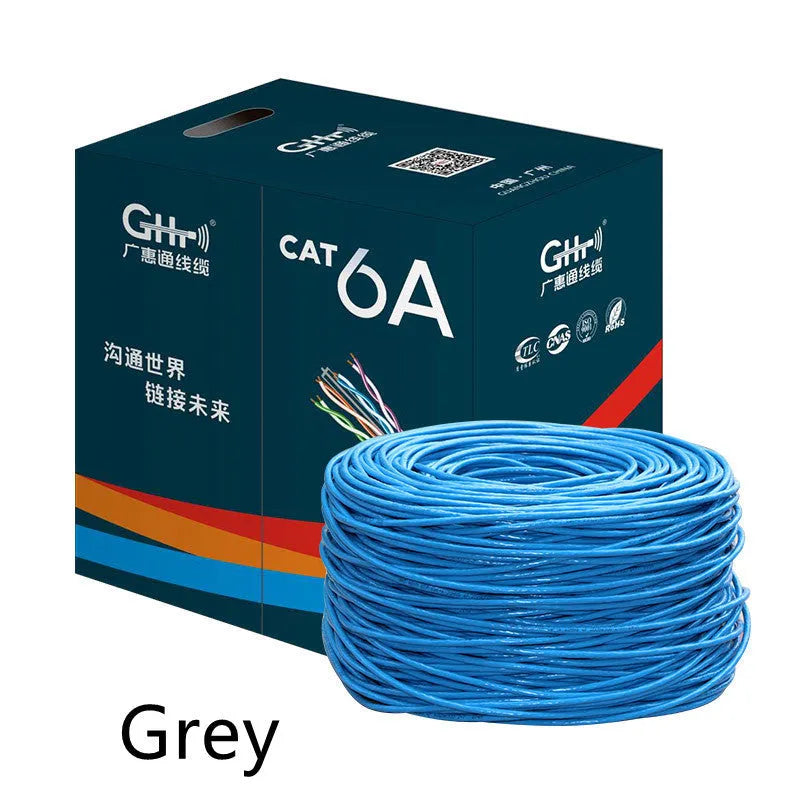 Blue and grey 305 metre reels of Cat6A oxygen-free copper network cable for 10G Ethernet installations.
