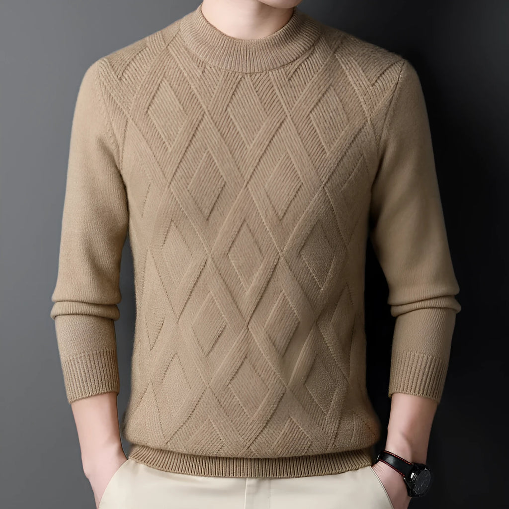 Men's diamond jacquard pattern thermal sweater in polyester fabric, plus size winter pullover