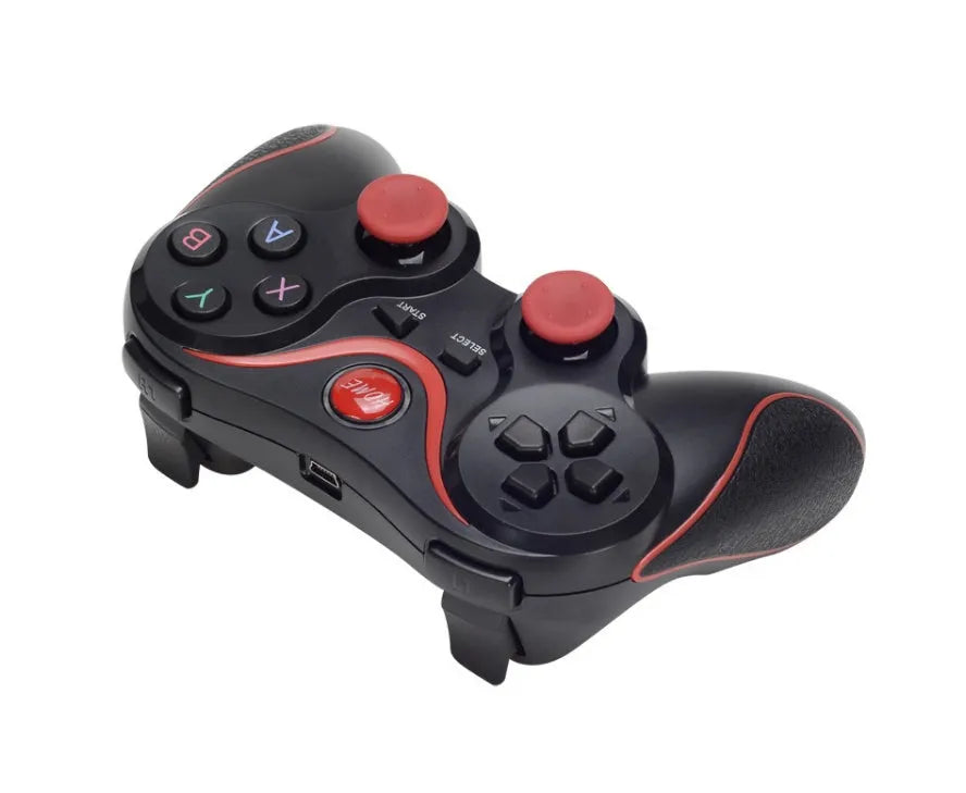 Black and white X3 Bluetooth wireless game controller for Android phones with mobile clip attached.