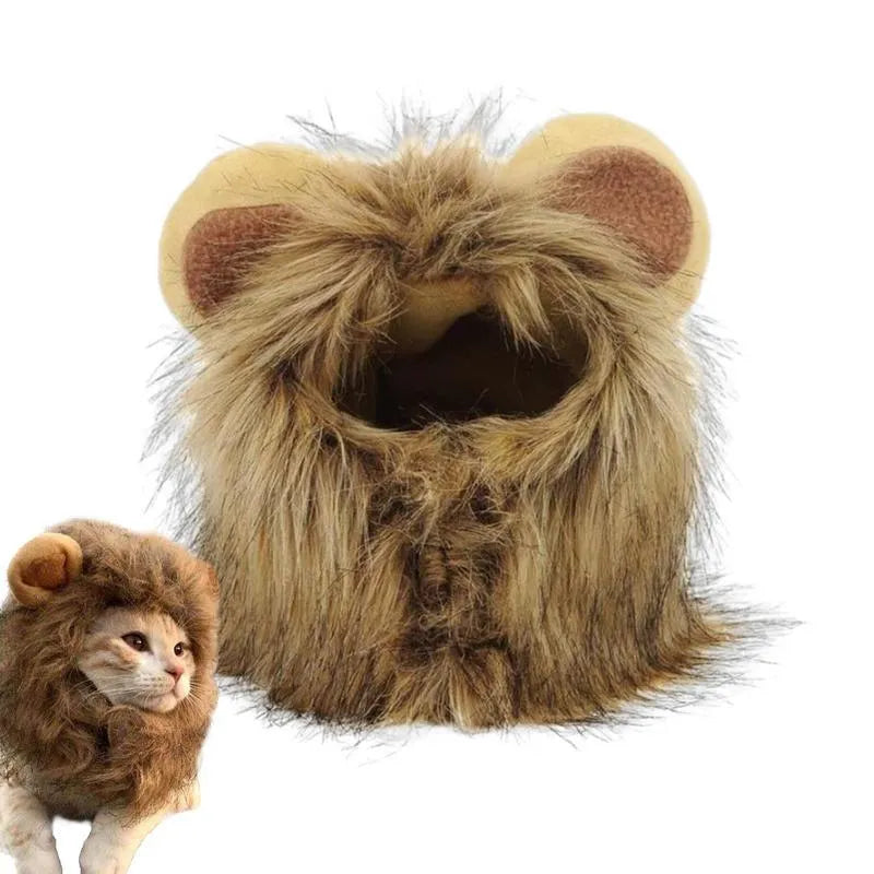 Lion mane wig accessory for cats and small dogs with plush ears and adjustable elastic band