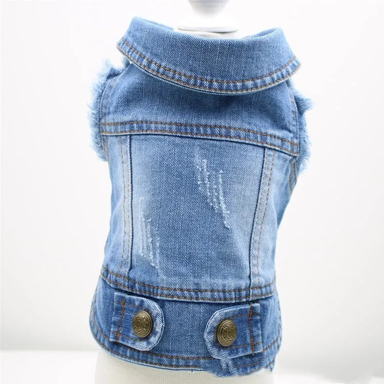 Dark and light denim dog vest with a retro scratch pattern on the front for small to medium breeds.
