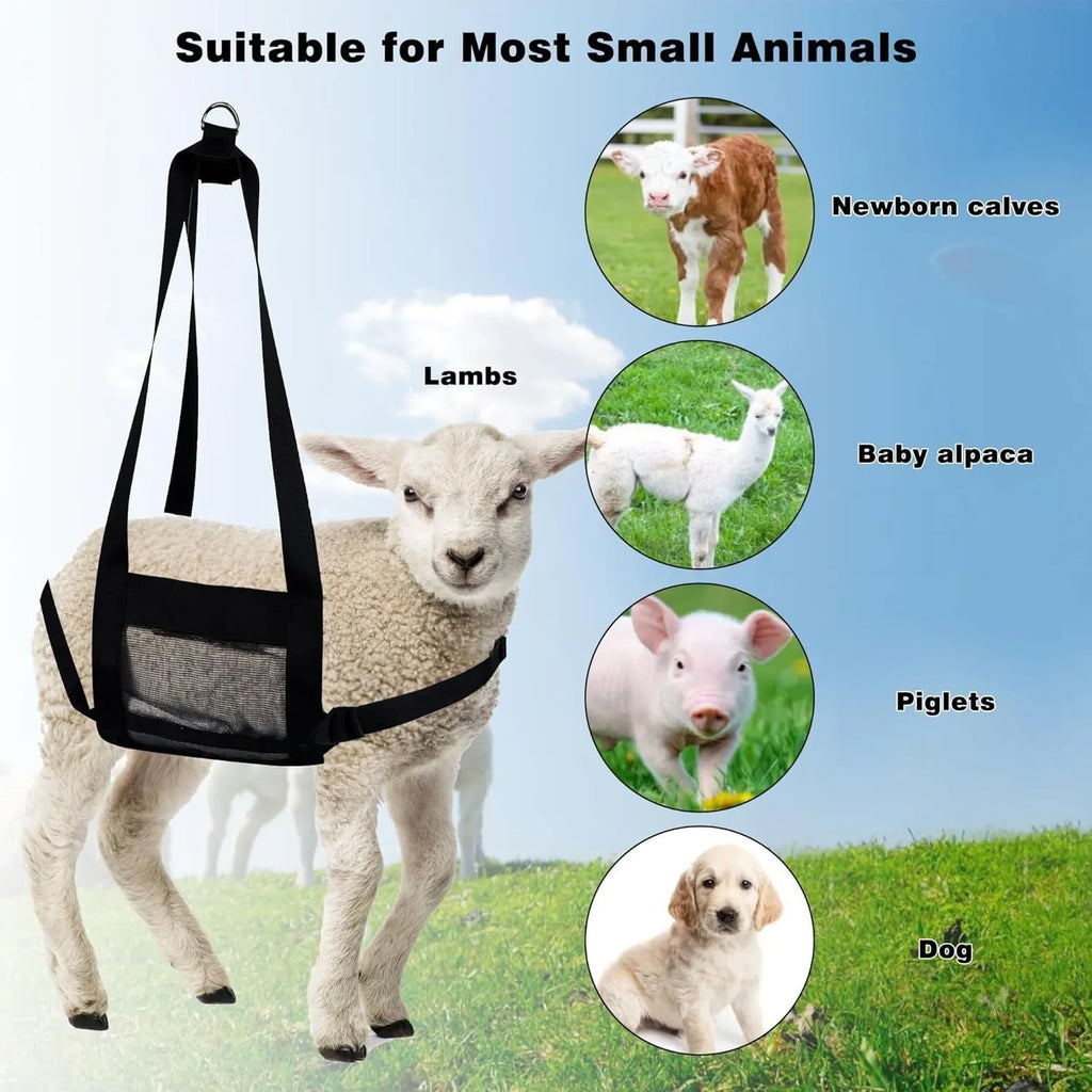 Black nylon livestock weighing sling measuring 35x150 cm with reinforced handles for calves and large dogs