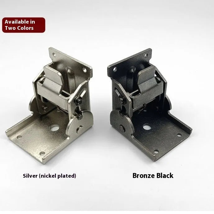 Furniture folding hinge with self-locking mechanism showing 0-90 degree adjustment