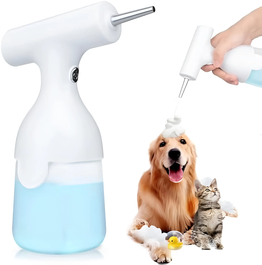 White electric foam soap dispenser with two nozzles for pet bathing and home cleaning