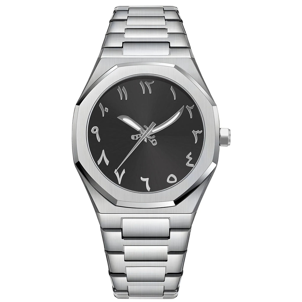 Men's business casual stainless steel quartz watch showing three colour options on wrist.