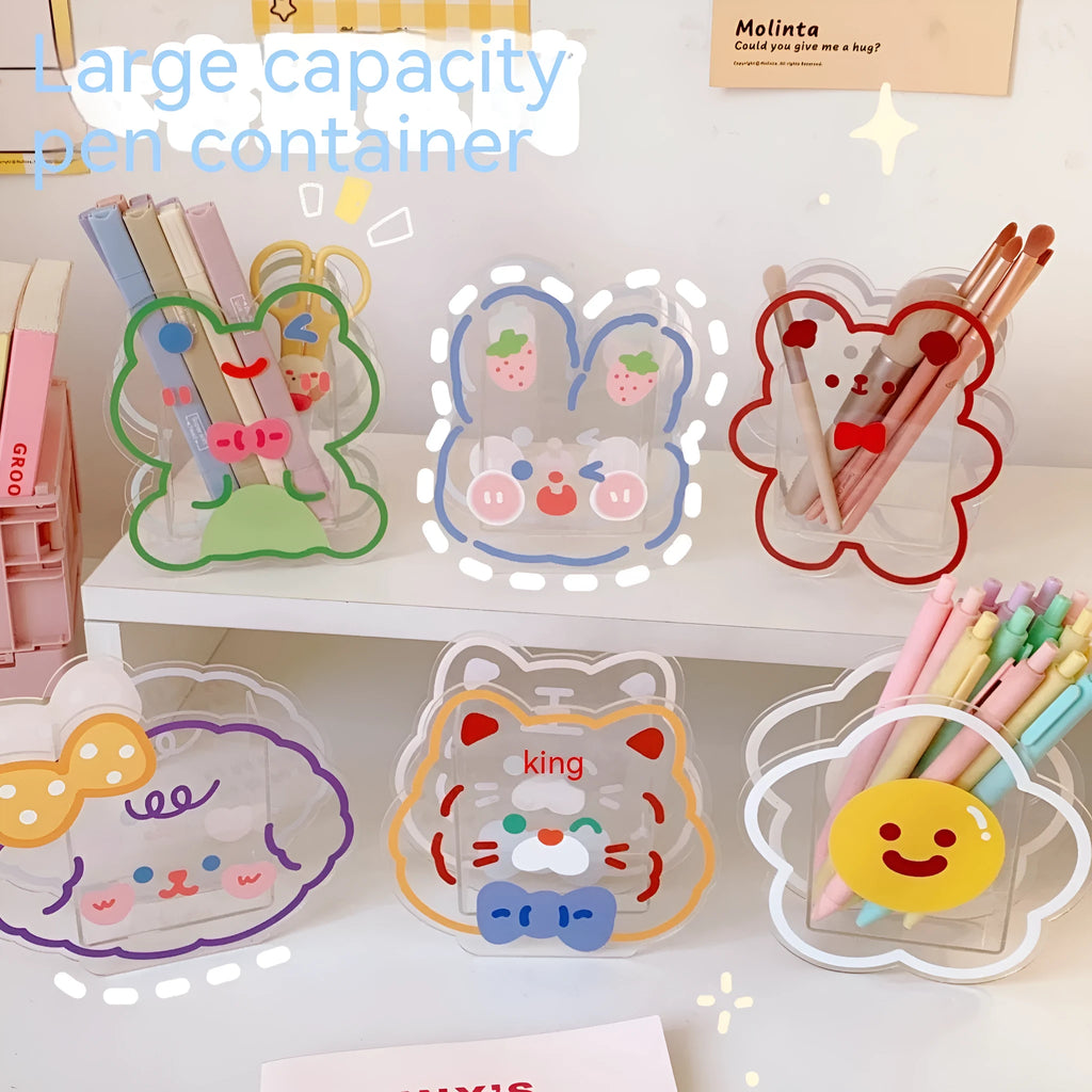 Square transparent acrylic storage box with cartoon animal design for stationery organisation