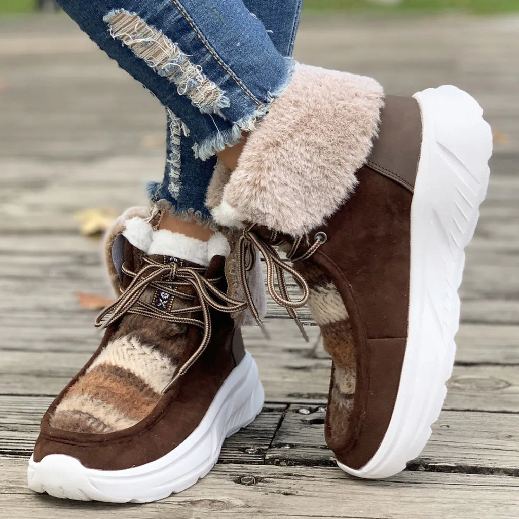 Women's beige lace-up snow boots with plush lining and non-slip rubber sole