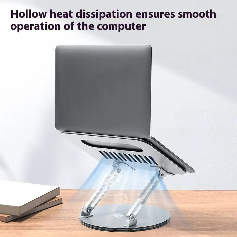 Silver aluminium laptop stand with height adjustment and rotatable platform