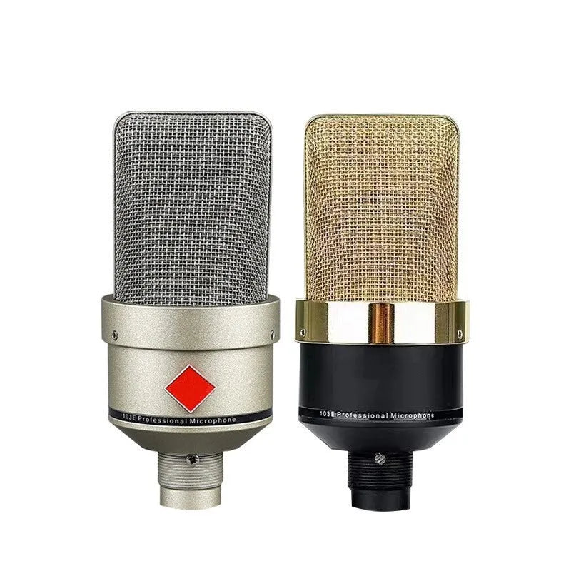 Champagne gold wired condenser microphone with cardioid pattern on included stand.