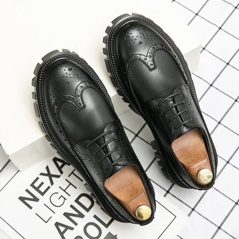 Men's black and brown business brogue shoes with round toe and artificial PU upper for office wear