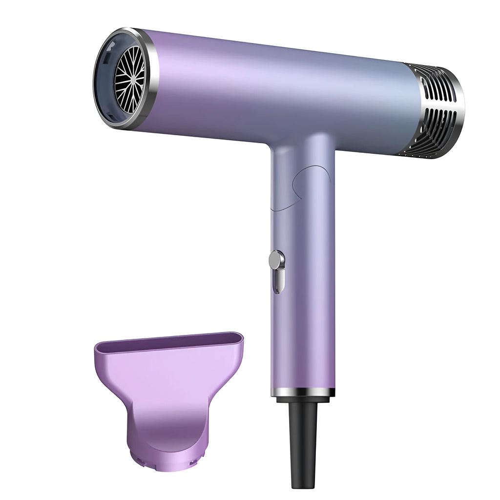 Green foldable hair dryer with collapsed handle next to open suitcase.