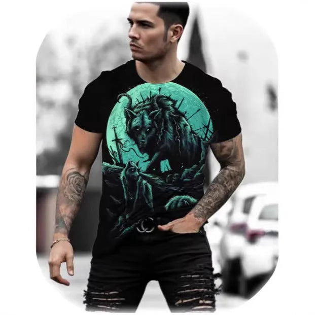 Close-up of a men's retro style t-shirt with a detailed 3D animal graphic print on thin polyester fabric.