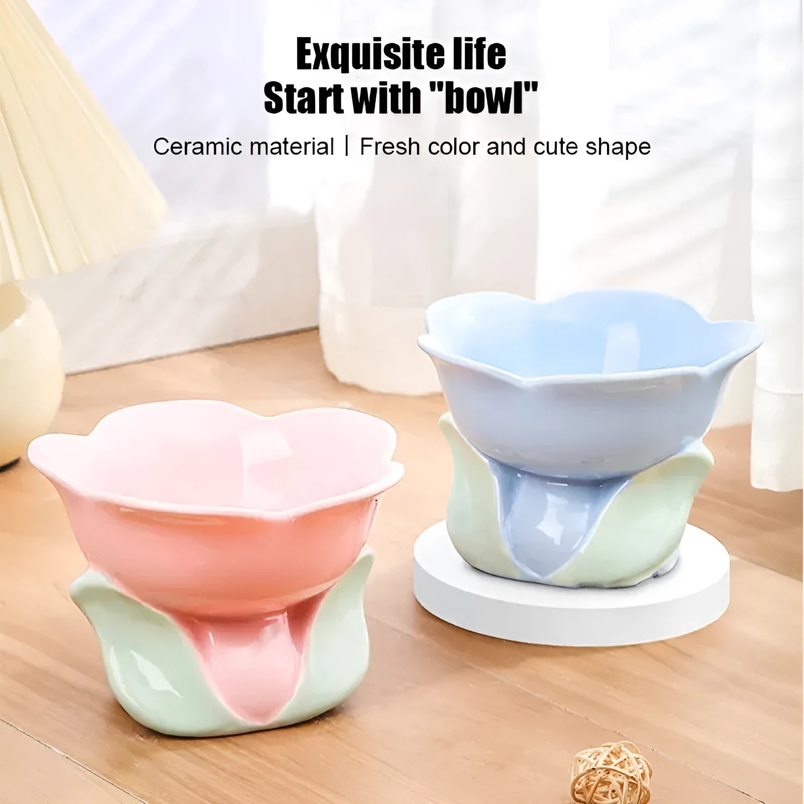 Blue ceramic pet bowl with floral pattern and elevated non-slip design for cats and small dogs