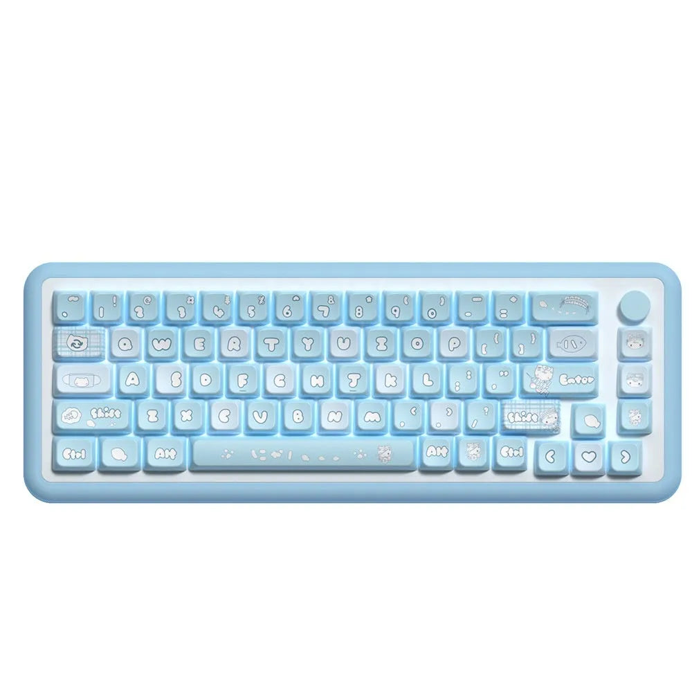 Custom watercolour cat design PBT keycap set for mechanical keyboards, showing 138 or 158 keys in a box.