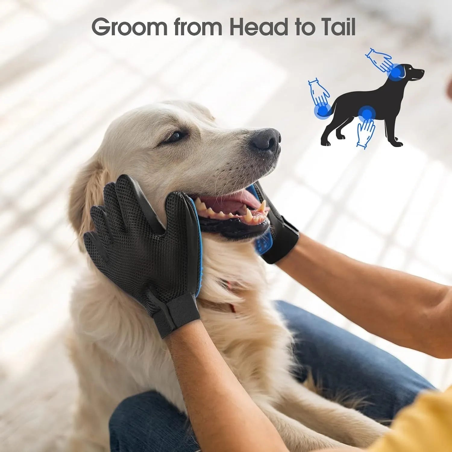 Blue pet grooming gloves with silicone tips for dog cat horse hair removal