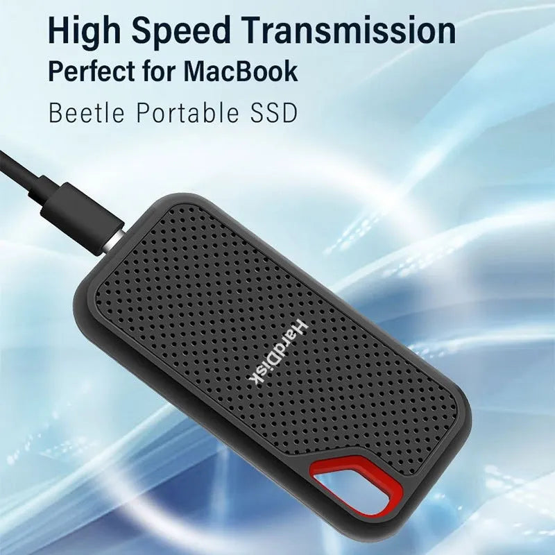 Black ABS portable SSD with Type-C 3.1 interface, shown as a mobile external solid state drive.