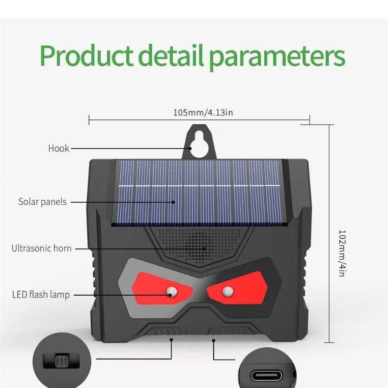 Black solar-powered ultrasonic animal repeller for outdoor garden pest control