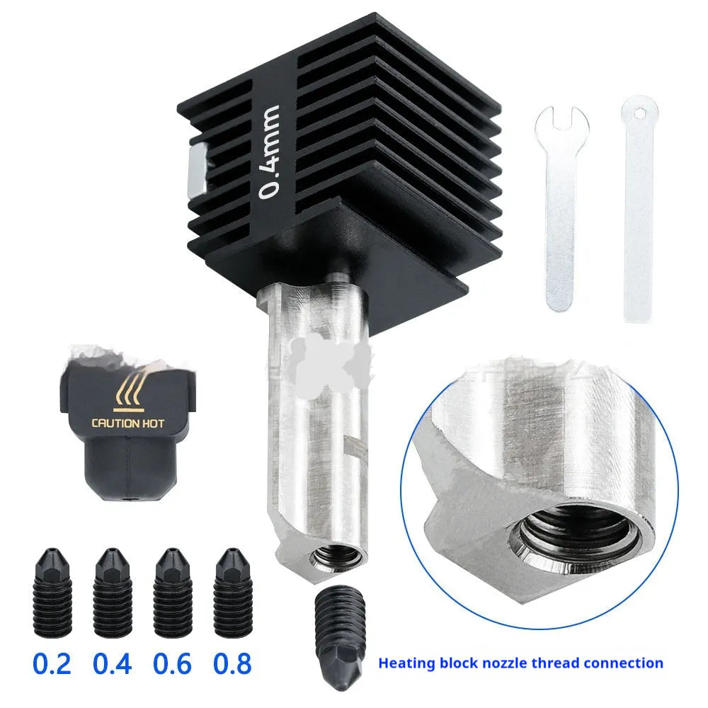 Bambu Lab A1 Mini 3D printer hot end replacement kit with four hardened steel nozzles and a black silicone sleeve.