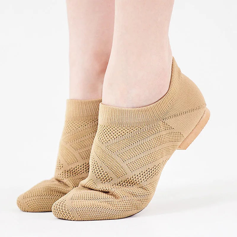 Camel colour contemporary dance yoga shoes with cotton mesh upper and leather sole