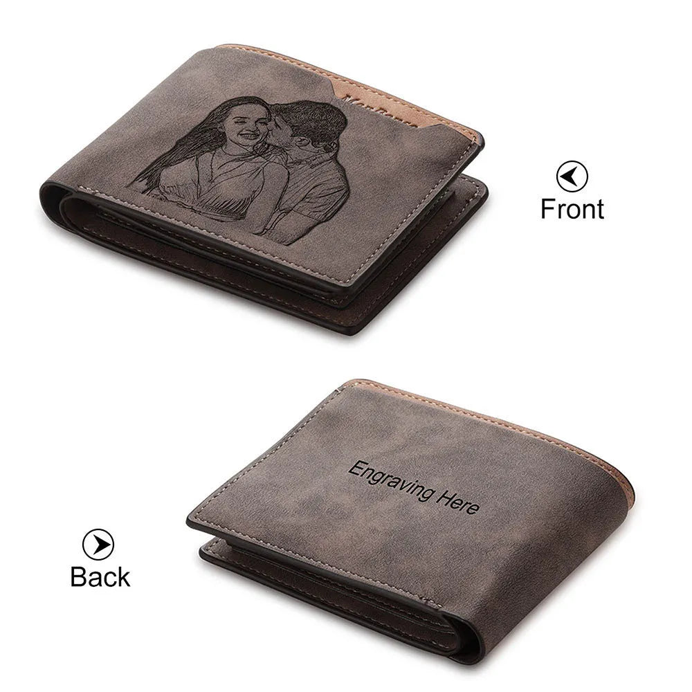 Coffee coloured engraved horizontal PU leather wallet showing seven card slots.