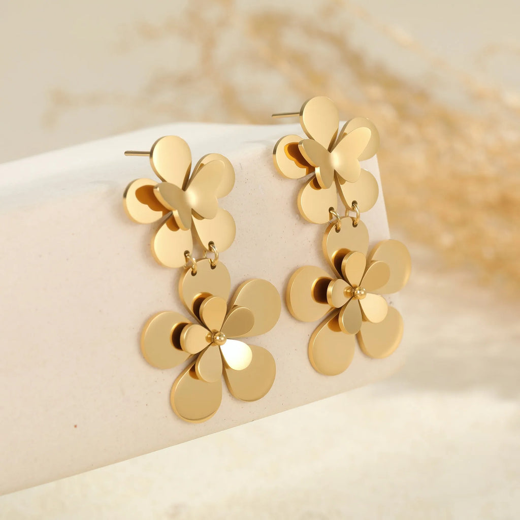 Gold floral butterfly design stainless steel earrings for women with 18K electroplating