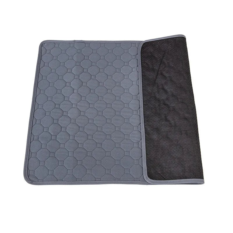 Two neutral coloured washable dog pee pads showing grey and tan options in different sizes