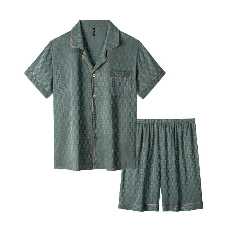 Men's ice silk pyjamas set showing cardigan-style top and shorts in satin jacquard pattern