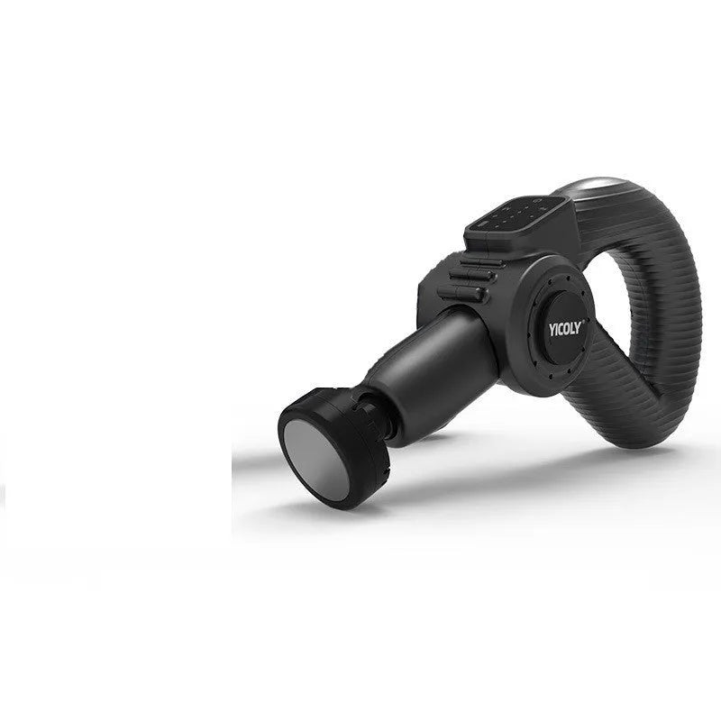 Black smart muscle massage gun with adjustable angle and multiple massage head attachments