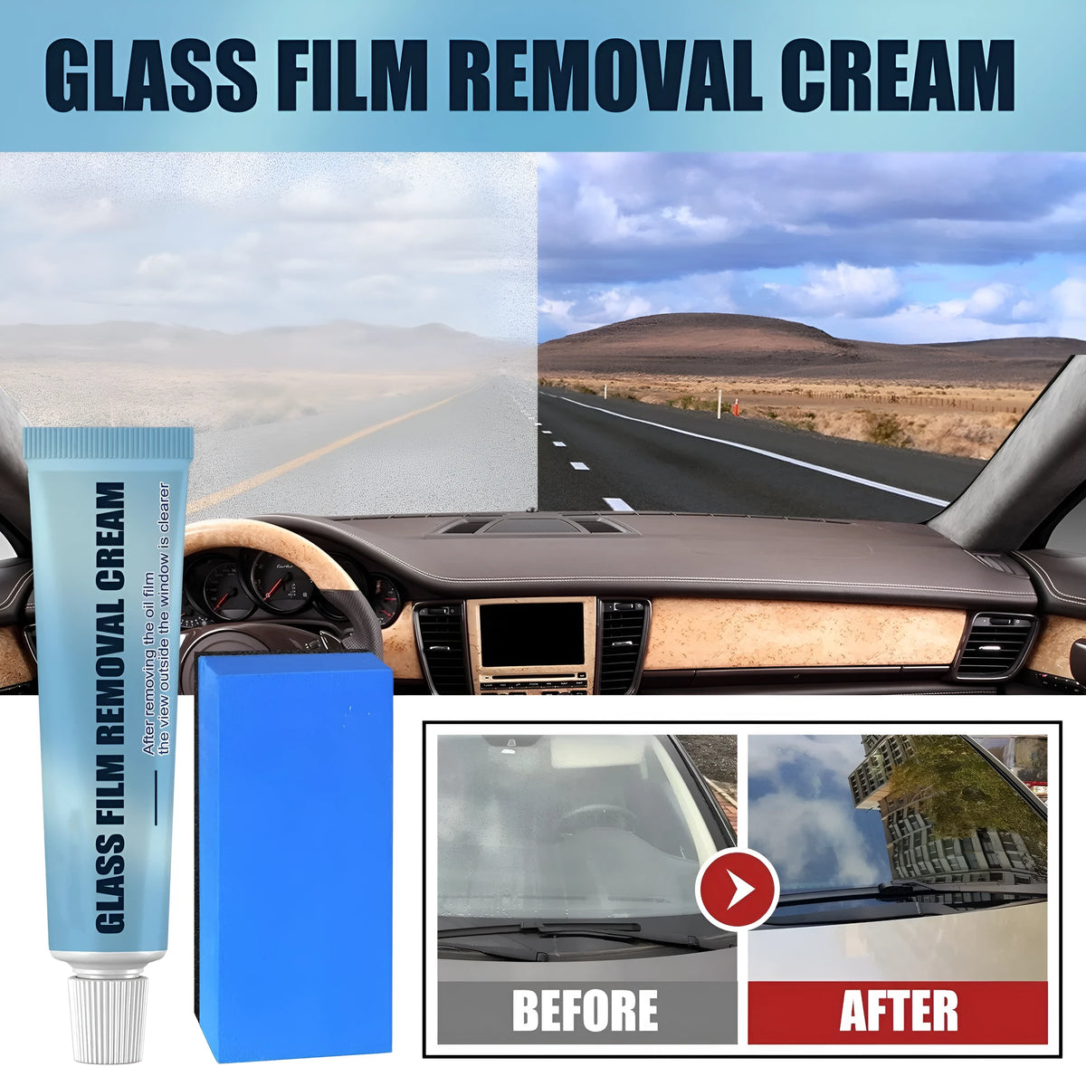 Blue car glass oil film remover bottle with separate sponge applicator for windshield cleaning