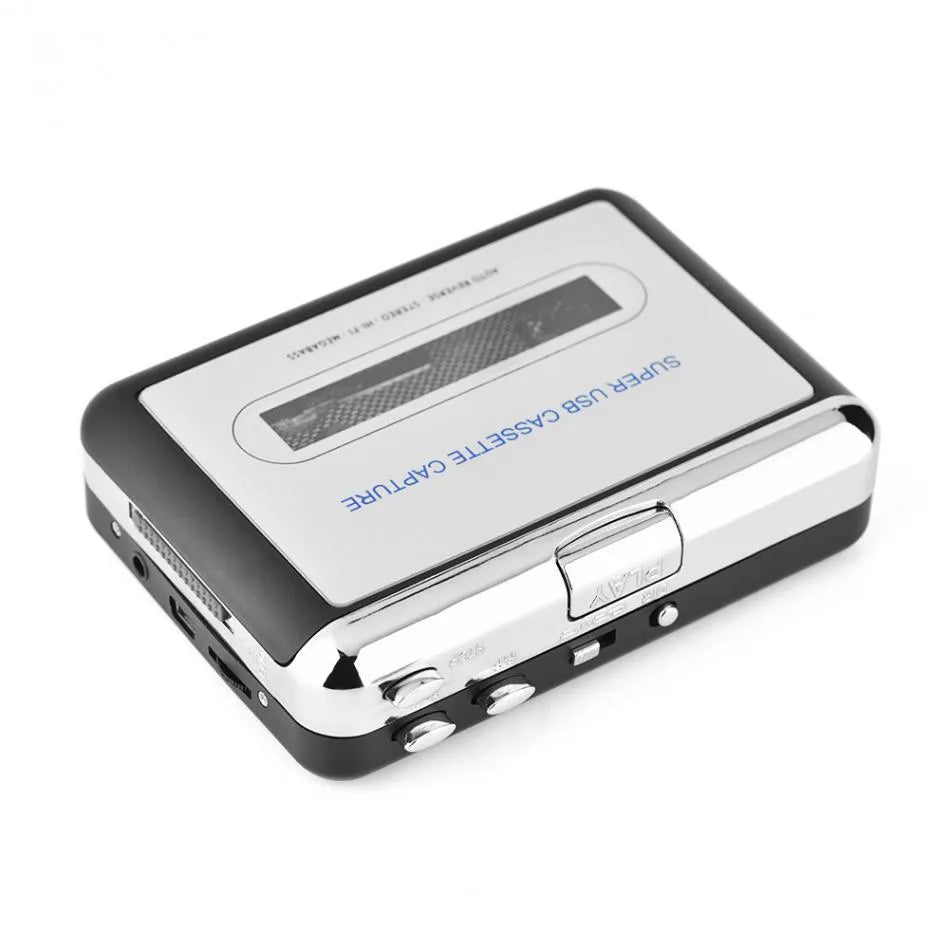 Silver USB cassette to MP3 converter with USB cable and earphones for tape digitisation