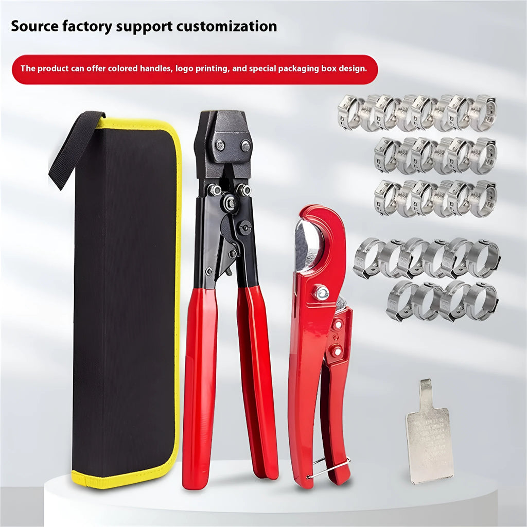 Red metal PEX clamp set with carbon steel cutting edge for plumbing connections