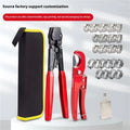 Red metal PEX clamp set with carbon steel cutting edge for plumbing connections