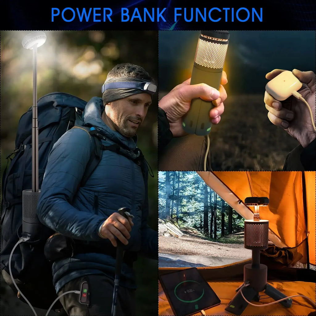 Portable battery LED camping light in off white or dark grey colour with button switch