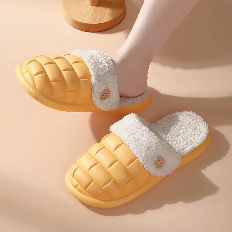 Plaid detachable EVA slippers for women in pink, showing plush lining and non-slip sole.