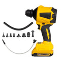 Yellow cordless dust gun with 18V lithium battery and accessories for household and office cleaning